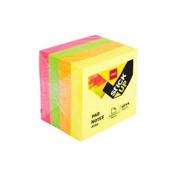 Öntapadó jegyzettömb, 51x51 mm, 4x100 lap, DELI "Stick UP", neon szín