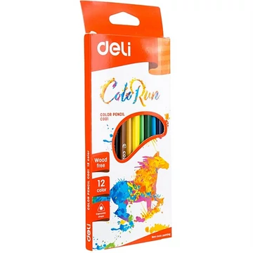Színes ceruzakészlet, háromszögletű, DELI "ColoRun", 12 különböző szín