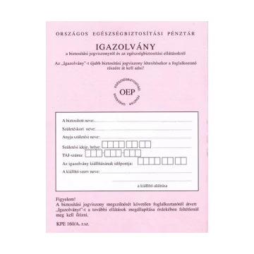 TB/ OEP  igazolvány  KPE.160/A, 160/BP  (rózsa)