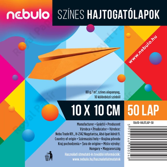 Színes hajtogatólapok 10x10, 80g, vegyes színek, Nebulo 