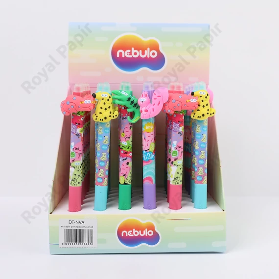 Zselés toll, nyomógombos, radírozható, színes kínálóban, Neon Vicces Állatok, Nebulo 
