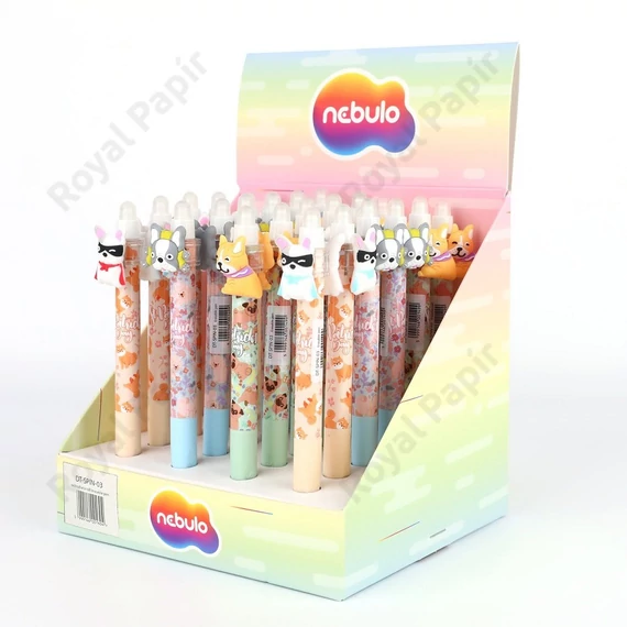 Zselés toll, nyomógombos, radírozható, színes kínálóban, Pörgetős kutyusok, Nebulo 