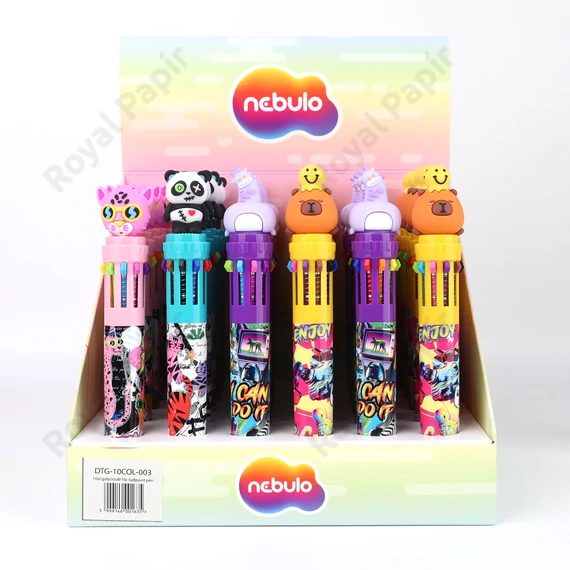 Golyóstoll 10 színű, színes kínálóban, funny animals, Nebulo 